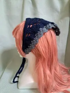 ネイビーとグレーのかぎ編みヘアバンド　バブーシュカ　ヘッドドレス