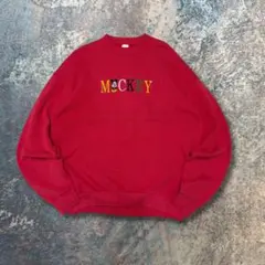 90s USA製 ミッキー刺繍スウェット 赤 XL 古着 ディズニー ゆるだぼ