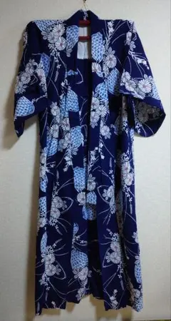 最終お値引き 浴衣単品 紺地 菊 花かご柄 花籠柄 木綿手縫い浴衣