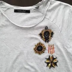 【美品】ZARA Tシャツ　グレー　スカル　ビーズ　スパンコール