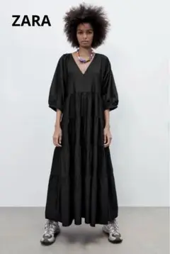 【セール】ZARA ザラ黒ポプリンパネルワンピースXSサイズ Ｍ相当春夏秋もOK