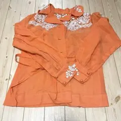 シアーブラウス チュニック オレンジ フラワー 刺繍 くるみボタン レア