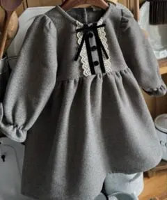 ワンピース リボン付き130 発表会　グレーセレモニー　長袖　女の子　フォーマル