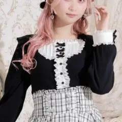 NOEMIE ノエミー　リボンストラップヨークフリルカットソー　長袖　白黒　M