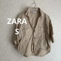 編e古着　ZARA リネンシャツ　麻　5分袖　ベージュ　S ☺︎