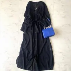 美品☆アンタイトル 洗える シアー シャツワンピース Vネック リボン 黒