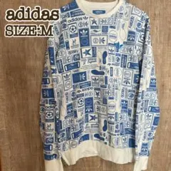 adidas アディダス スウェット トレフォイルロゴ総柄 白×青 M