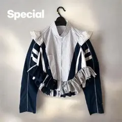 古着 リメイク シャツドッキング フリル付き トップス スペシャルバージョン★