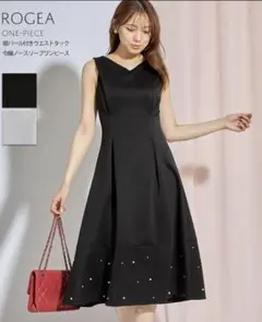 裾パール付きウエストタック令嬢ノースリーブワンピース　ブラック