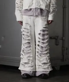 【GRANCY】スウェットドッキングデザインダメージバギーデニムパンツ