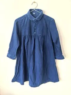 インディゴ染　ブルー 綿麻　五分袖 チュニック　S