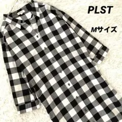 【PLST】スキッパーリネン混ブロックチェック　シャツワンピース　白×黒　M