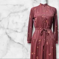 レトロワンピース 赤 ドット 花柄 バラ 薔薇 バンドカラー テアードスカート