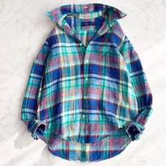 美品【ラルフローレン】リネンシャツ　長袖　ポニーロゴ　マドラスチェック　L