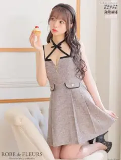 千鳥柄 ツイード ジップ キャミソール リボン チョーカー フレア ミニドレスのサムネイル
