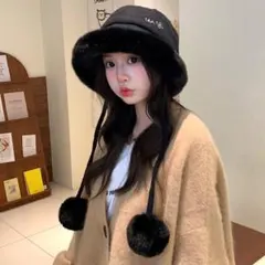 ファーバケットハット ブラック ハット 帽子 暖かい ボア ファー 韓国