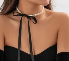 【新作】パール　チョーカー　リボン　エレガント　ビーズ　韓国