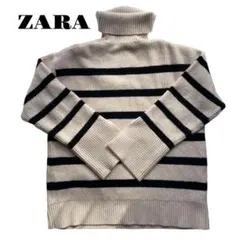 【美品】〜2L相当 ZARA タートルネックセーター ボーダー ニット 白黒