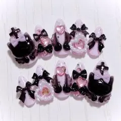 No.595　ネイルチップ 現品 量産型 地雷系 サブカル 平成女児 猫 ピンク