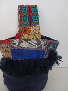 インド伝統柄カンバディアパッチBag巾着付き 刺繍、ビーズ豪華絢爛