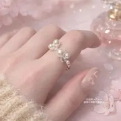 パールリング 指輪 ビジュー付き 上品　大人可愛い フリーサイズ 春 セレモニー