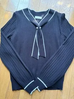 リボンタイ付き薄手ニット　ブラック