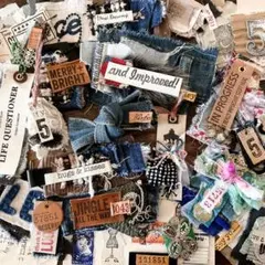 デニム　コラージュ素材　ジャンクジャーナル　　レース　革タグ　コラージュ