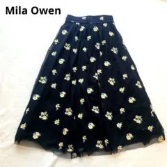 【美品】ミラオーウェン Mila Owen チュール透け刺繍スカート 花柄 黒