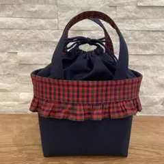 ファミリアチェック　赤　保冷保温巾着バッグ　ハンドメイド