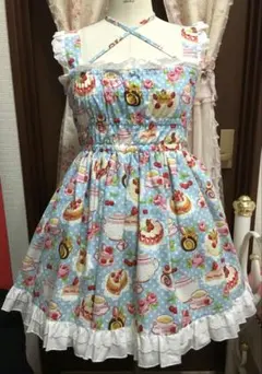 懐古ロリータ【水色スイーツ柄 JSK】ハンドメイド 甘ロリ 一点もの