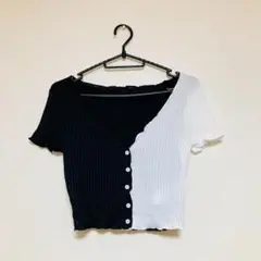 【新品未使用】クロップドシャツモノトーン配色 半袖リブカットソー ボタン付き