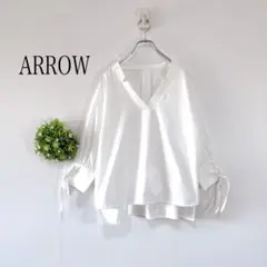 【美品】ARROW 【Ｍ】Vネック シャツ ブラウス　七分袖　リボン　ホワイト