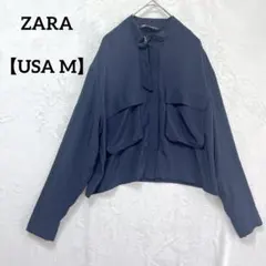 ZARA【USA M】ネイビー ノーカラージャケット とろみ　オフィスカジュアルのサムネイル