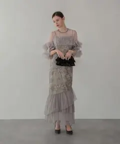 【即日発送】LEJA フラワースパンコールチュールフリルスリーブワンピースドレス