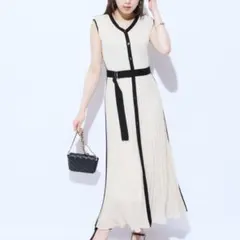 Mystrada 配色ニットワンピース 38 ベルト付 プリーツロング ホワイト