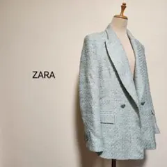 ZARA ザラ ツイードダブルジャケット ミントグリーン×シルバー釦 海外L