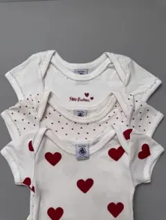 プチバトー　ロンパース　ハート　半袖　ボディ肌着　12m 74㎝　3枚セット 赤