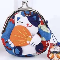 和風 猫がま口ポーチ ダークブルー 招き猫 刺繍コインケース小物入れ ストラップ
