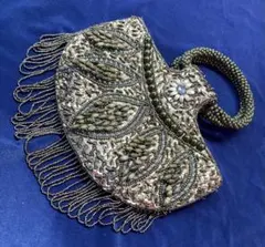 【SALE】ビーズ刺繍 フリンジ付きパーティーバッグ ゴールドグリーン系