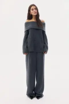H&M グレー リブニットオフショルダー ニット