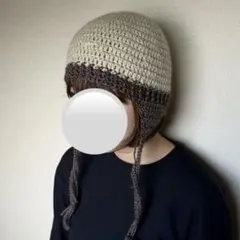 ＊ニット帽＊ベージュ＊耳当て付き＊クラッシャーハット＊Y2K＊クロシェ＊