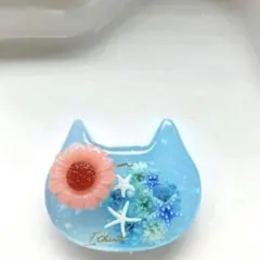 再販△】レジン ヘアゴム 猫ちゃんフェイス ブルーグリーン系◡̈