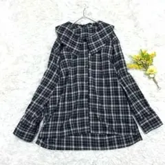 シャツチュニック チェック柄 丸襟 オーバーサイズ 長袖シャツ 黒 デザイン