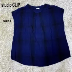studio CLIP トップス　袖なし　麻混合　チュニック　ネイビー　L