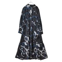 新品 タグ付き M〜L ブラック 幾何学柄 ロングワンピース 長袖 レディース