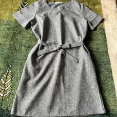 グレー　半袖　ワンピース ウエストリボン付き　ポケット