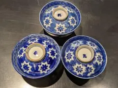 呉須印判　型紙刷り　蓋つき碗　三客セット　明治期　アンティーク　やきもの　陶器