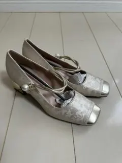 ベージュ 花柄 パール付きハイヒール　Hj qianlang