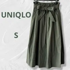 ユニクロ ハイウエスト ウエストリボン フレアスカート カーキ オリーブS
