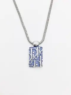 【中古 美品】ディオール トロッター柄 スクエア ネックレス 青 銀 A798